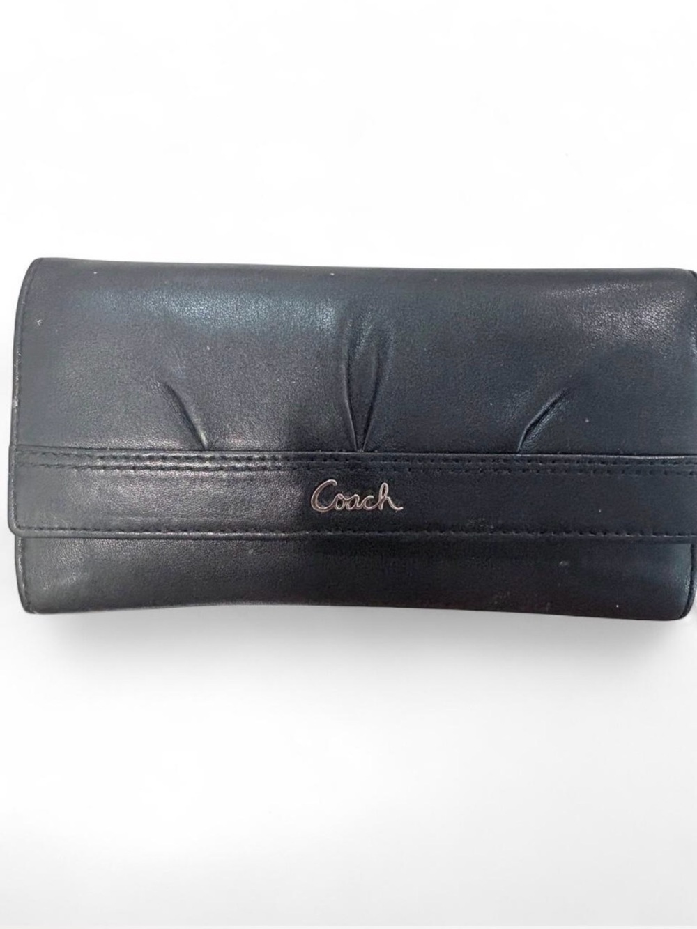 Coach Black Leather Fold Wallet with Subtle Ruched Detailing